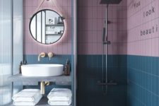 04 dusty pink and teal are an elegant combo for a bathroom and they look good with grey and gold fixtures that are present