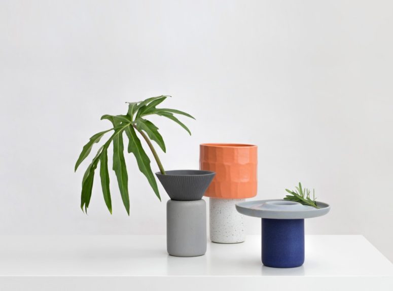 The Lid vases are composed of identical cylindrical bases with three variations of lid