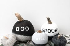 07 make a display of cool  black and white glitter pumpkins with vinyl letters – they are veyr easy to DIY