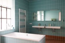 08 a light blue and rust bathroom fulled clad with tiles and diluted with whites here and there