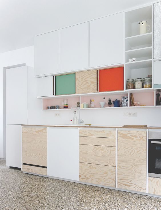color blocking can be easily incorporated with drawers or compartment doors in various bold colors