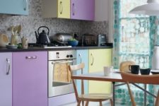 09 a pastel kitchen with purple, lavender, yellow and blue cabinets for a color block effect