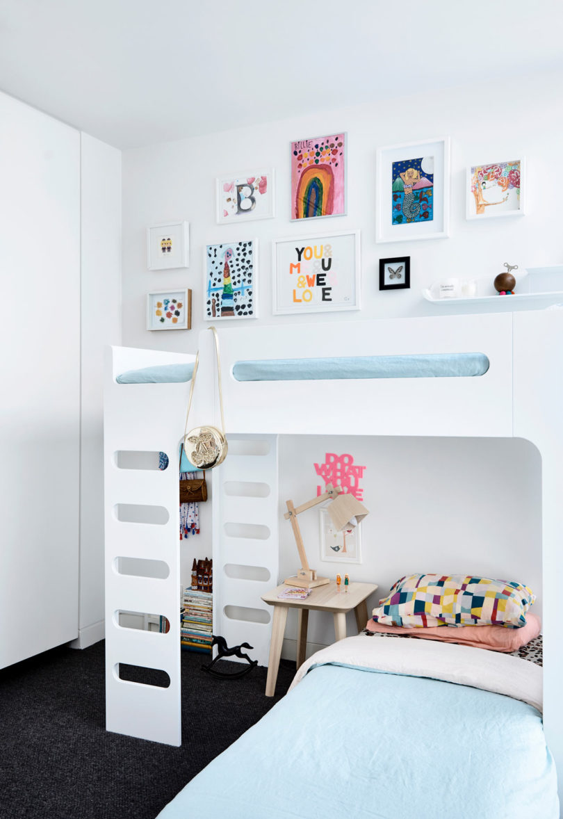 This is the first kids' room done in pastels and with lots of artworks