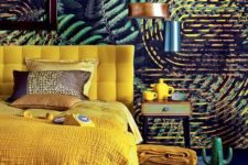 11 a bold yellow upholstered bed with bedding and blankets of the same color for a touch of sun