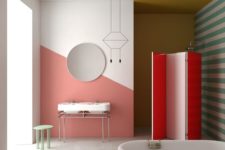 11 a bright bathroom with coral, red, mustard and green touches, prints and color blocking at the same time