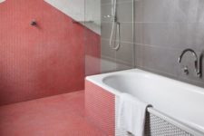13 a grey and coral color blocked bathroom with a geometric touch done with penny tiles looks wow