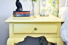 13 a light yellow nightstand DIYed of a vintage piece and yellow floral curtains