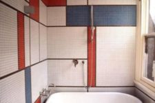 15 bathroom walls clad with tiles with a color block effect, in white, blue and red make the space stand out