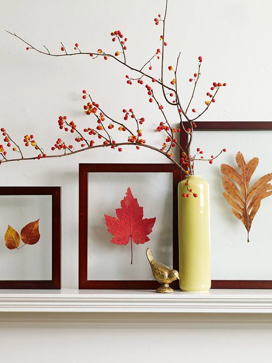 pressed fall leaves in frames with acryl for a modern fall display - they seem to be floating in the air
