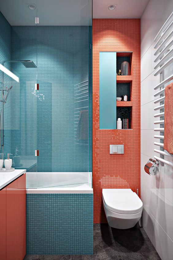 a simple color blocking idea pairing coral with blue and touches of white for refreshing the space visually