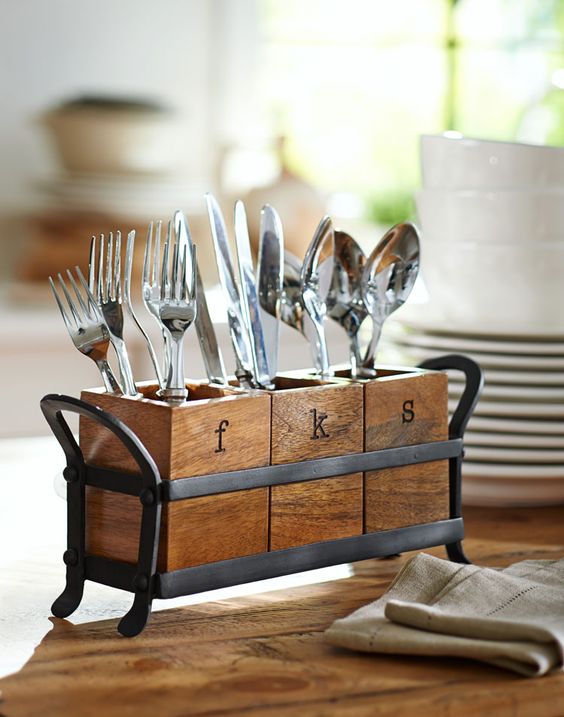 a rustic wood and metal utensil holder is a comfy and durable idea