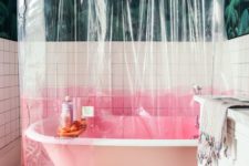21 a transparent shower curtain with a pink color block element is a simple and catchy idea to try