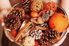 22 make your own fall display in a bowl putting cinnamon bark, pinecones, citrus and other stuff for fall