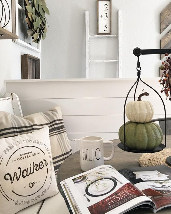 scales with fake pumpkins is a creative and cool fall decor idea with a farmhouse touch