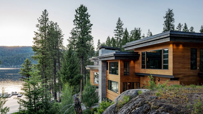This gorgeous home is called Cliff House and is built into the boulders on the shores of Payette Lake in Idaho