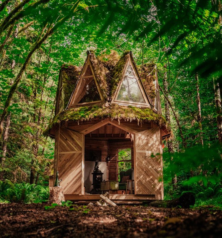 This tiny moss covered cabin looks like out of a fairytale, it's fully built of wood and features many windows