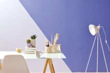 02 a bright geometric color block wall in blush, grey and purple for a bold home office look