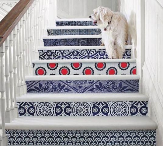 Give your stairs a bold look decorating them with bright printed wallpaper   it may be different for each step