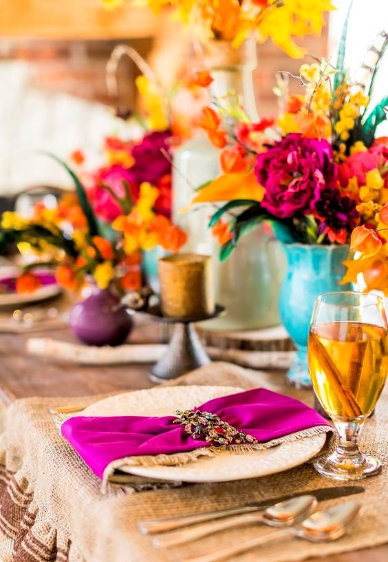 set a tablescape with orange, mustard, hot pink and purple hues to remember this Thanksgiving