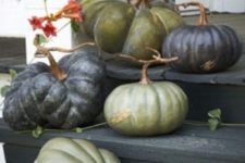 04 ugly green and black heirloom pumpkins placed on the steps make up a cool effortless Halloween porch