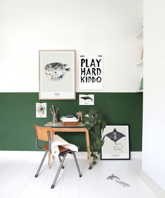a forest green and white color block wall is right what you need to make your home office bolder