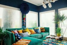 05 navy as a basic color, emerald and yellow touches plus mid-century modern furniture
