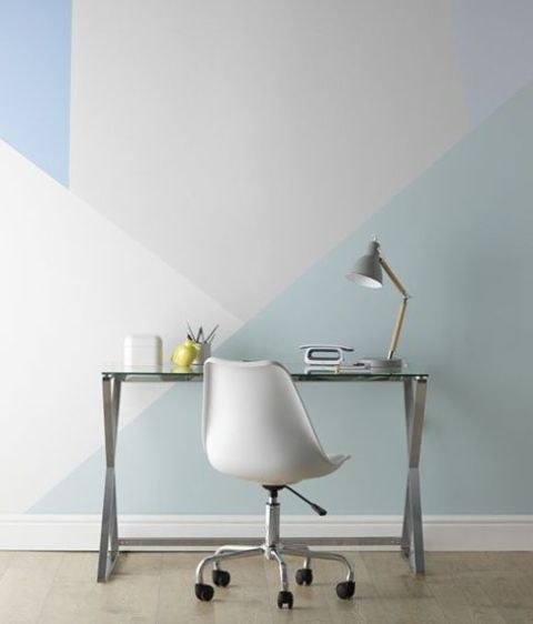 A geometric color block wall in the shades of grey and blue is a non boring decor idea in any space