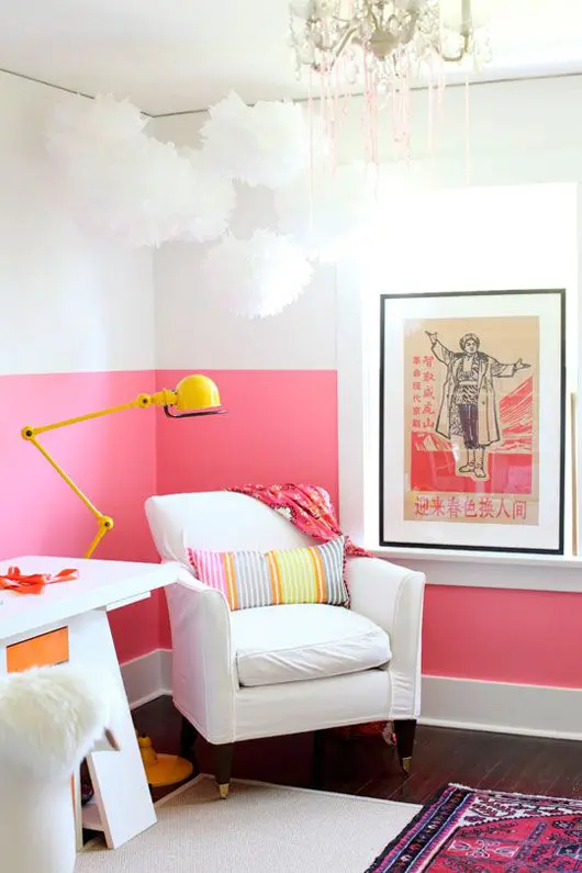 a girlish home office will look bolder and cooler if you go for a color blocked wall