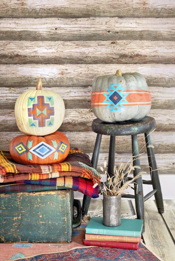 colorful tribal geometric heirloom pumpkins are ideal for boho Halloween decor