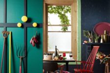 08 a bright space in emerald, black with red and yellow accens and a printed rug