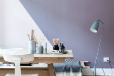 08 a gorgeous geometric color block wall with blush, lavender and grey plus a blue lamp