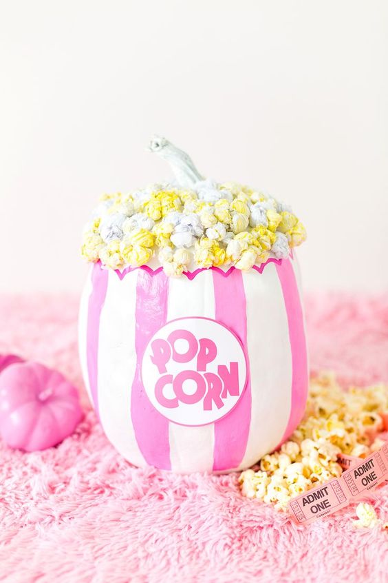 a super bright no carve popcorn pumpkin with real painted popcorn to add a whimsy touch to the decor