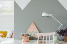 10 a home office nook with grey geometric color blocking and a coral desk for a colorful touch