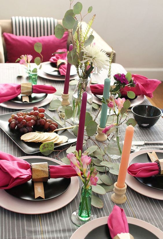 a tablescape with lots of pinks, greens, metallics, and natural textures for a bright and beautiful celebration