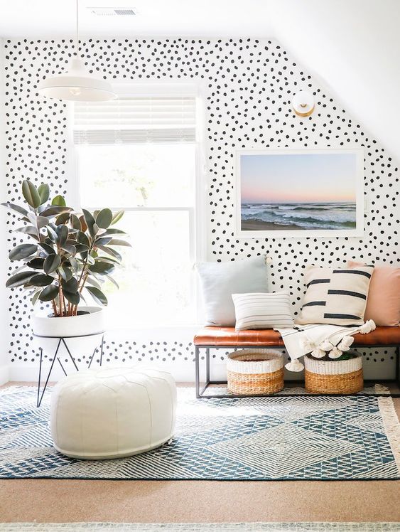 bright polka dot printed wallpaper and more neutral and simple geometric prints and stripes