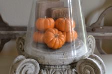13 a vintage cloche with fake pumpkins and vintage books is a chic idea for farmhouse, vintage and rustic decor