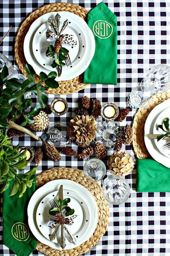 add bright emerald and green touches to your Thanksgiving tablescape, plus pinecones