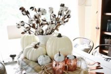 13 copper letter banner and copper mugs dress up a white pumpkin centerpiece and add color to it
