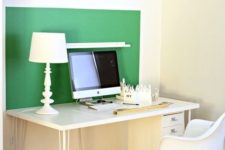 16 an emerald color block touch for a home office in a creamy space for a bright look