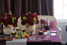 16 purple and burgundy were used to make this tablescape extra bold and fun