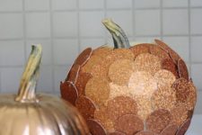 18 a spray paint copper pumpkin and a copper glitter penny pumpkin for the fall and Thanksgiving