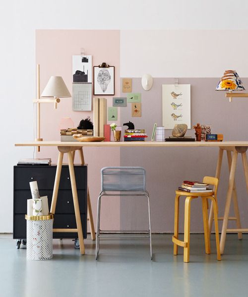 a sweet and cute color block home office in blush and lavender with a color block effect