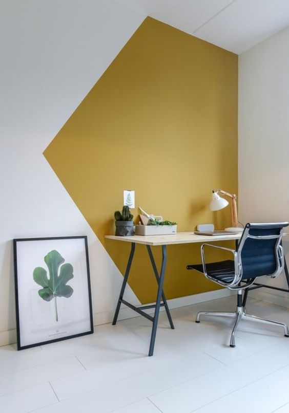 mustard and white geometric color blocking will make your home office quirky and bold