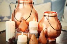 22 large copper candle lanterns and copper pears are great for creating a cozy fall centerpiece