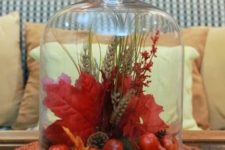 23 a bright red cloche display with fake leaves, berries, wheat, pinecones, herbs will add color to your space
