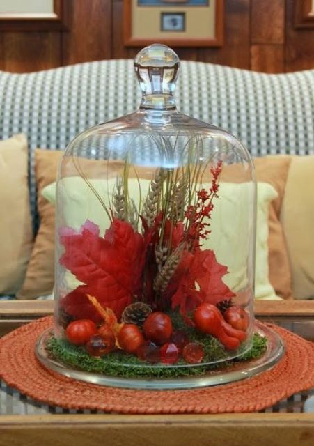 a bright red cloche display with fake leaves, berries, wheat, pinecones, herbs will add color to your space