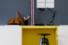 23 a creative way to rock color blocking at your home office with a graphite grey wall and a yellow touch on the desk