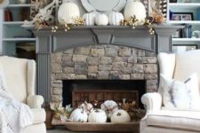 white pumpkins to decorate a mantel for thanksgiving