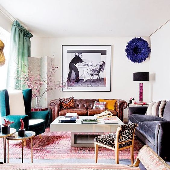 lots of furniture in bold colors, prints and fabrics for a bright maximalist space