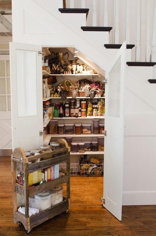 use the under the stairs space for a kitchen pantry, this space can accmmodate a lot of things and food